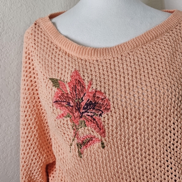 Anthropologie Pilcro Open Knit Dolman Sleeve Embroidered Floral Sweater  XXS - Picture 3 of 13